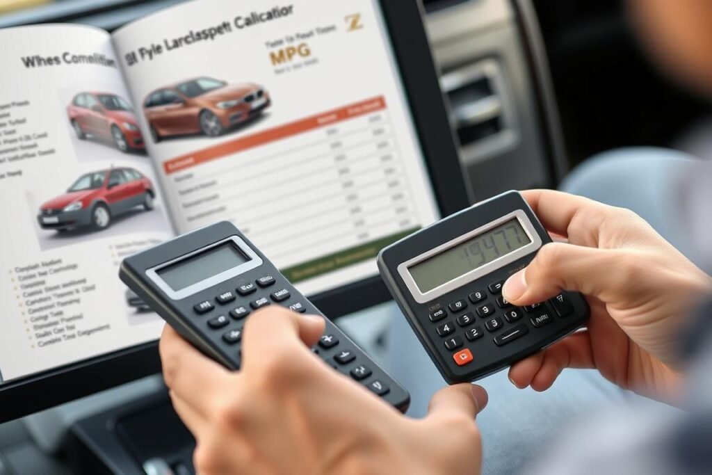 Person comparing fuel economy of different vehicles using a calculator