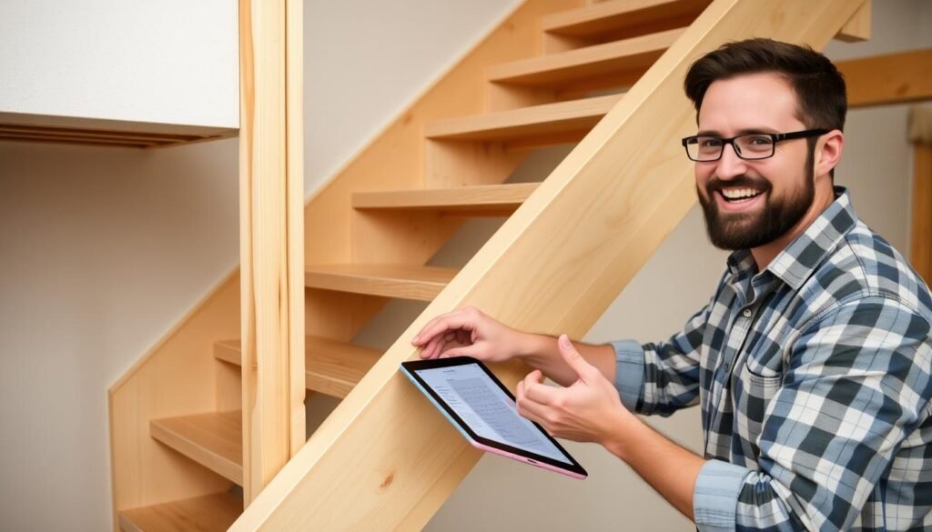 Person confidently building stairs using measurements from a stair calculator