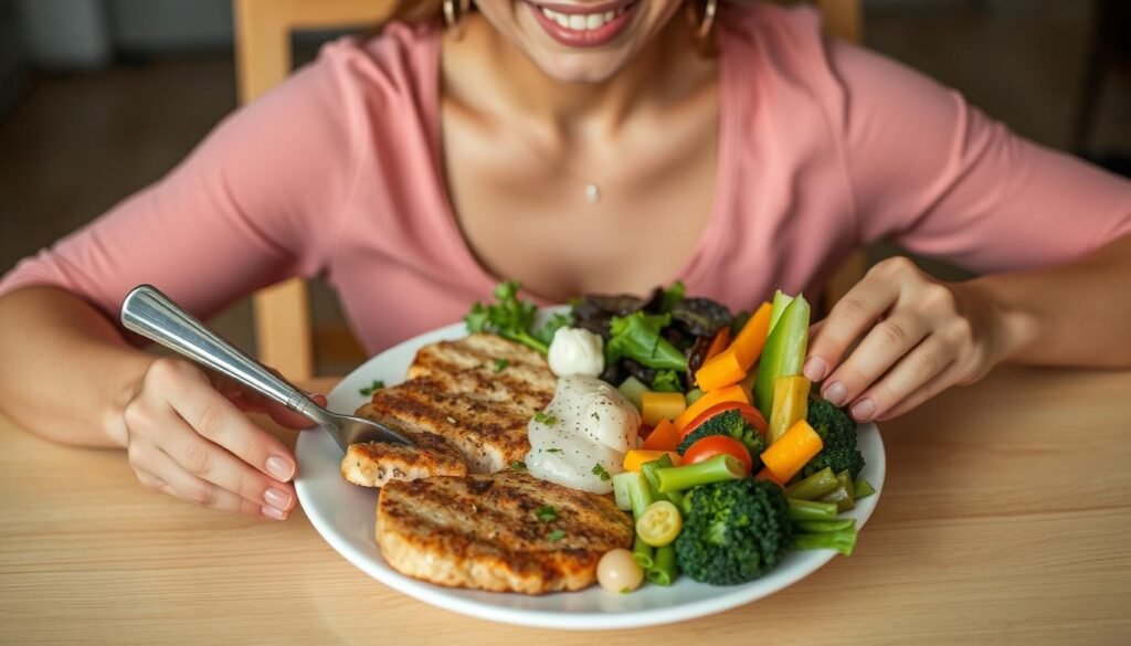 Person enjoying balanced meal based on their macro calculations