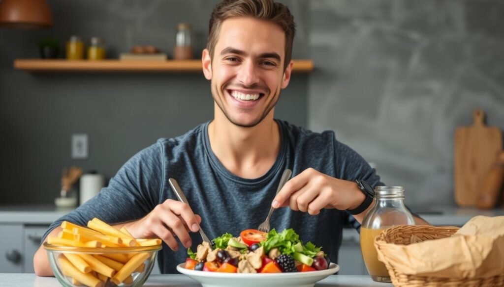 Person enjoying balanced nutrition with optimal carbohydrate intake