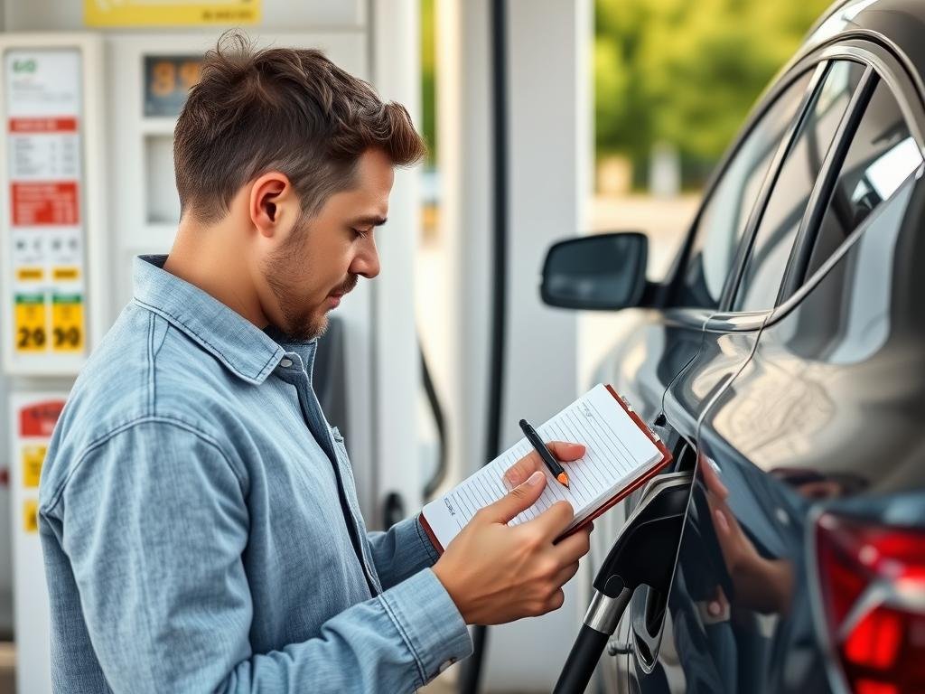 Person filling up gas tank while tracking odometer reading for gas mileage calculation