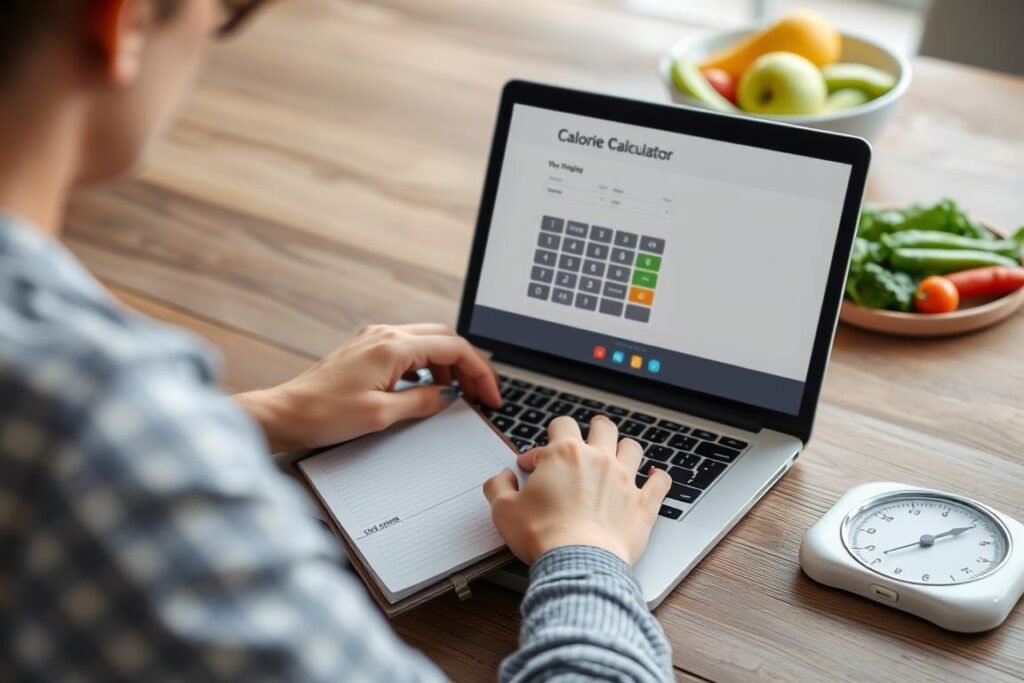 Person following step by step process of using a calorie calculator