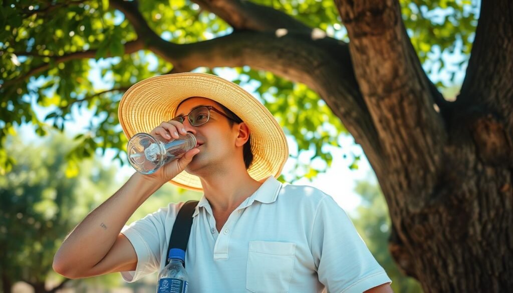 Person implementing heat safety measures with water shade and appropriate clothing