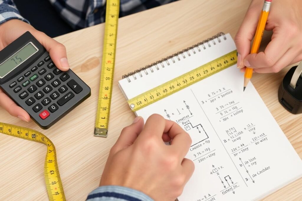 Person manually calculating stair dimensions with measuring tools