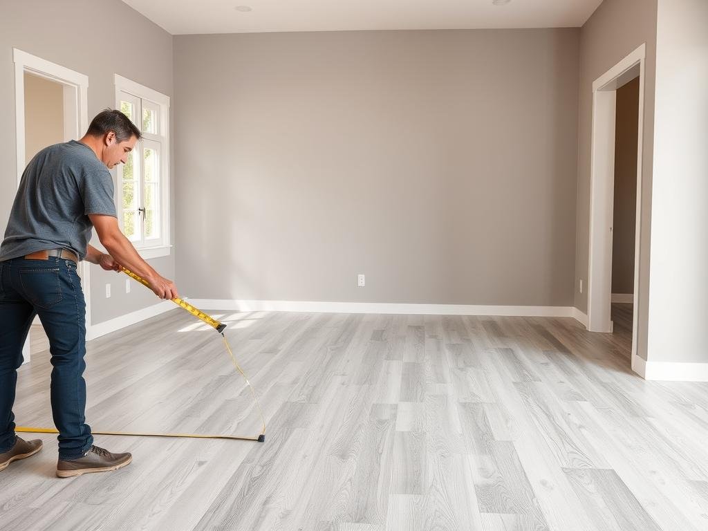 Person measuring a room for flooring installation