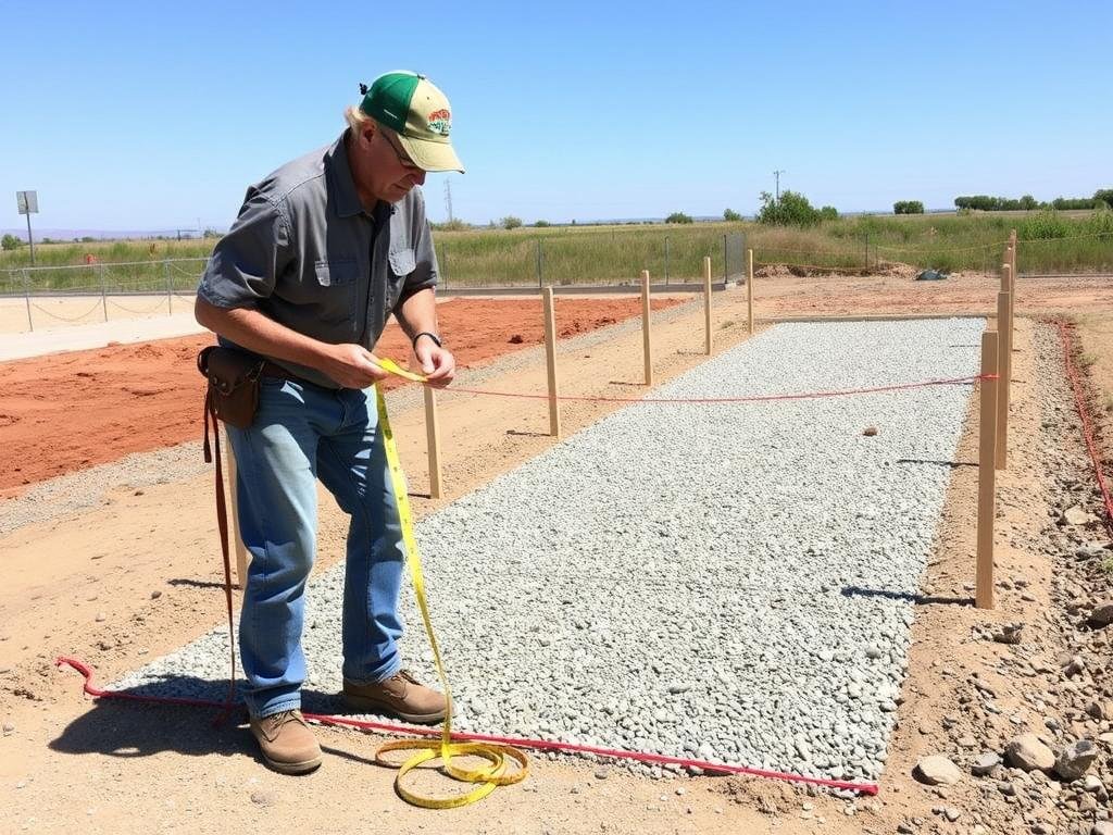 Person measuring an area for gravel installation with measuring tape