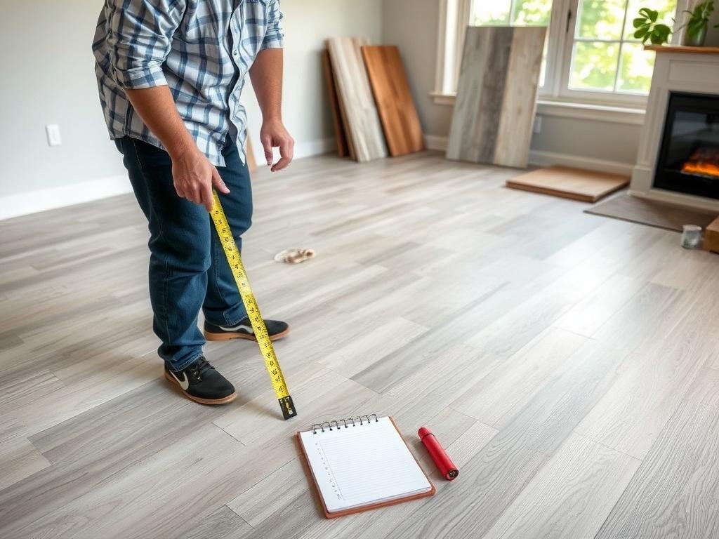 Person measuring floor for flooring installation with square footage calculation