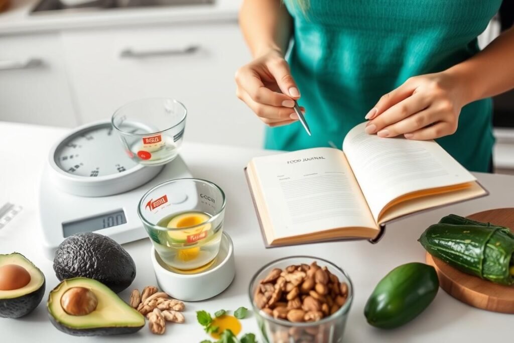 Person measuring food portions and tracking fat intake in a food journal