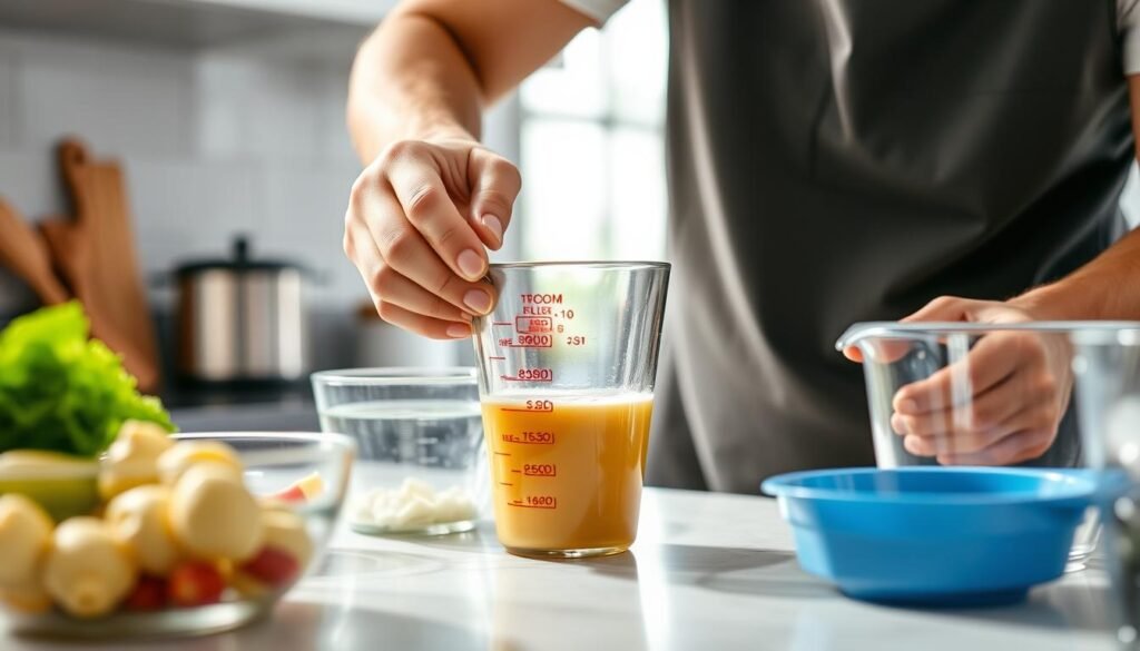 Person measuring ingredients in kitchen using volume measurements