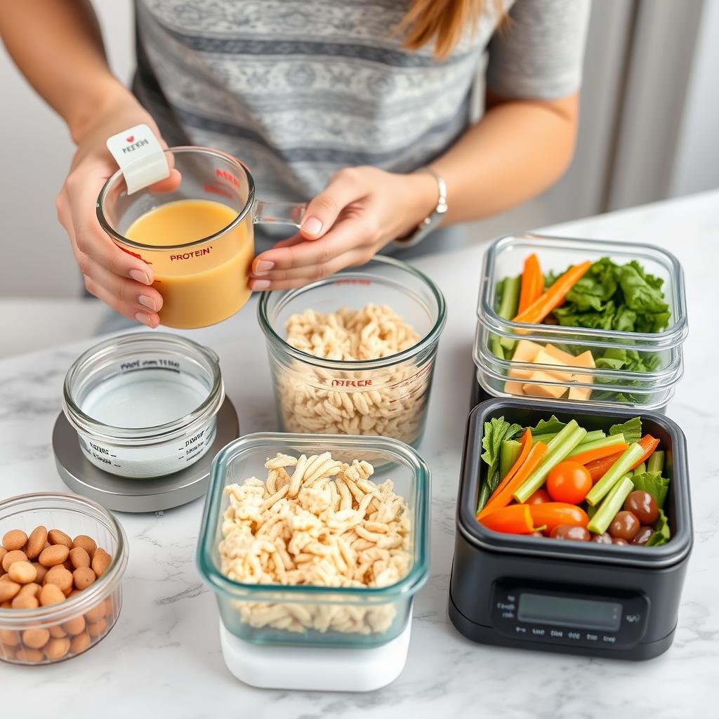 Person measuring protein portions for weight management