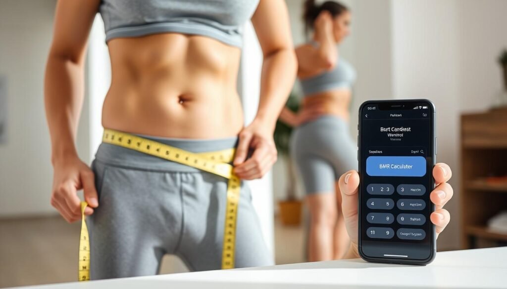 Person measuring their waist with a tape measure to track BMR-related weight management