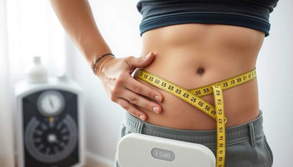 Person measuring their waist with a tape measure while standing on a scale