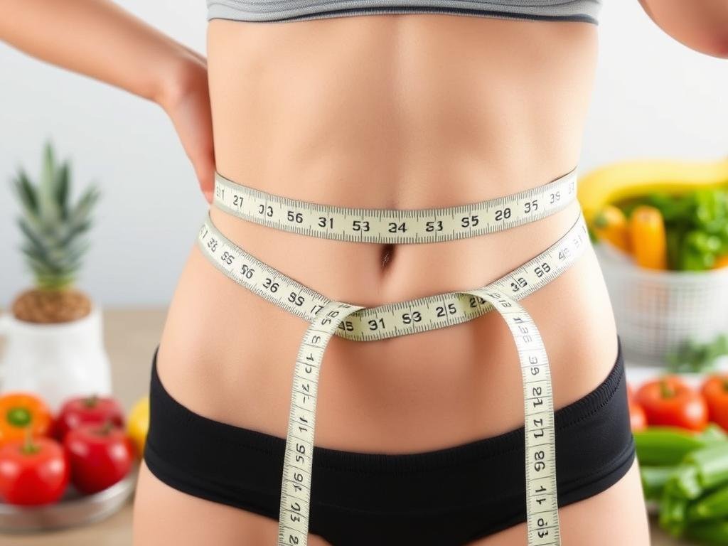 Person measuring waist showing weight loss progress