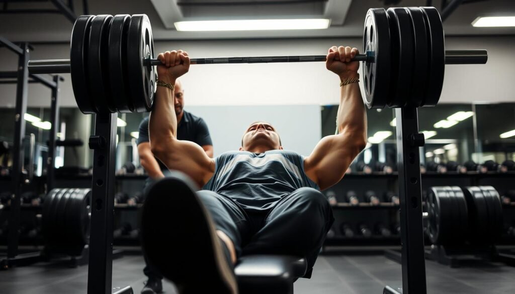 Person performing a heavy single repetition bench press to test one rep max