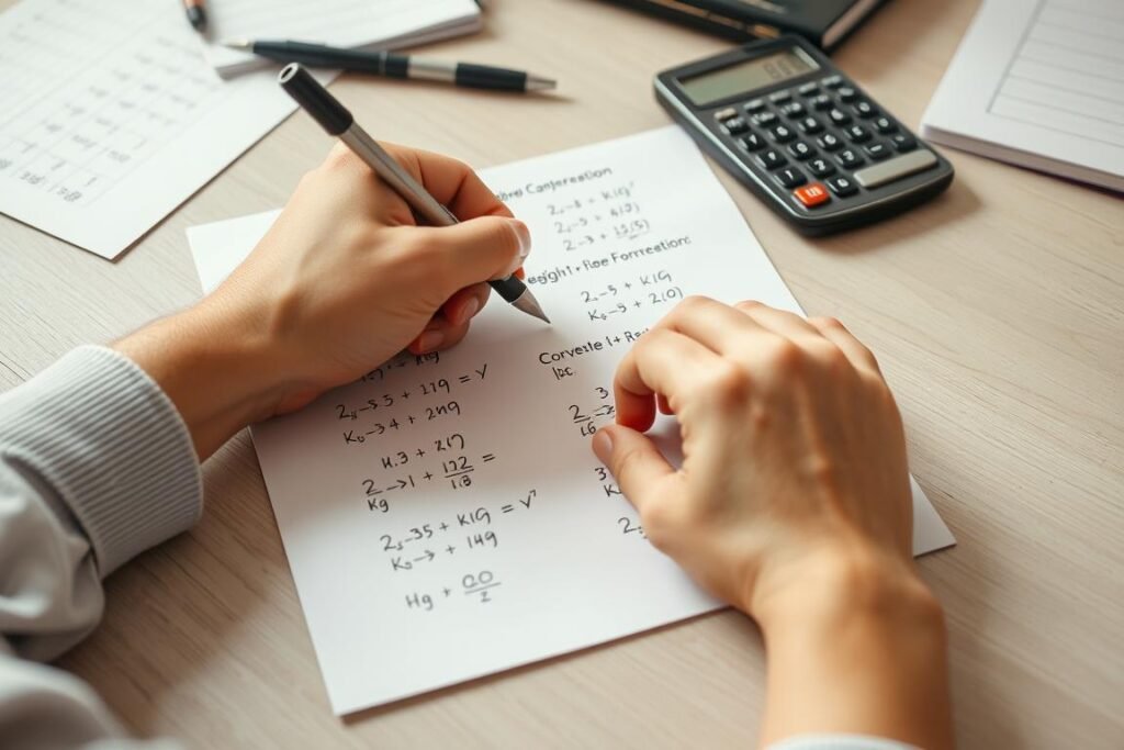 Person performing manual weight conversion calculations on paper