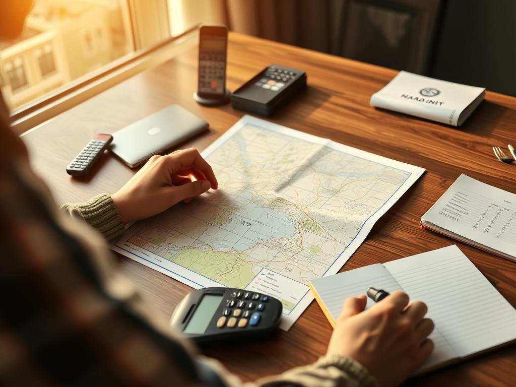 Person planning a road trip with map and calculator