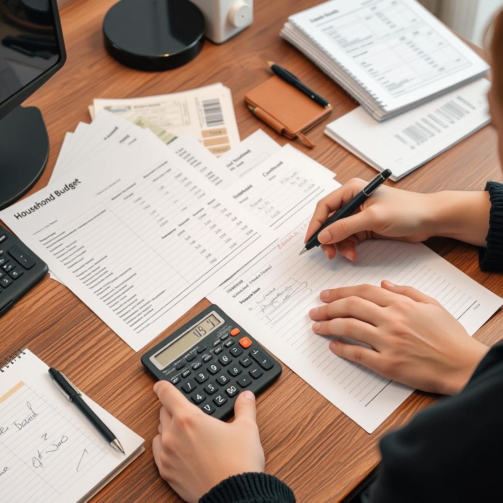 Person planning budget with electricity bills and calculator