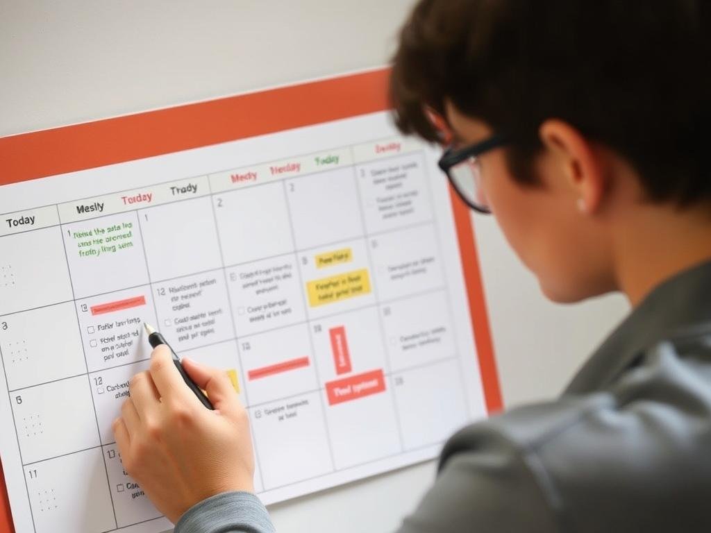 Person planning events on a calendar, marking specific days of the week