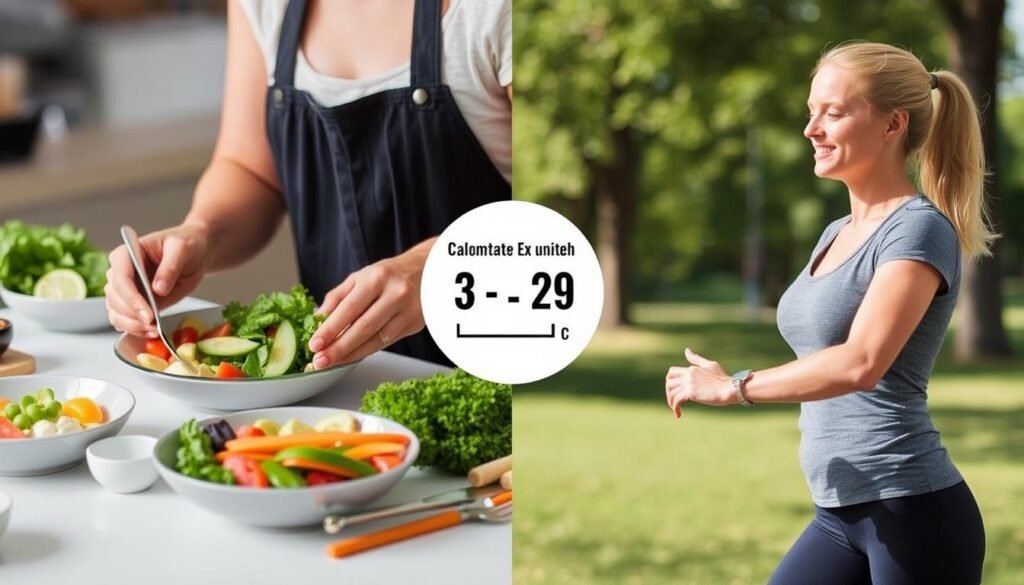 Person preparing healthy meal and exercising for weight management