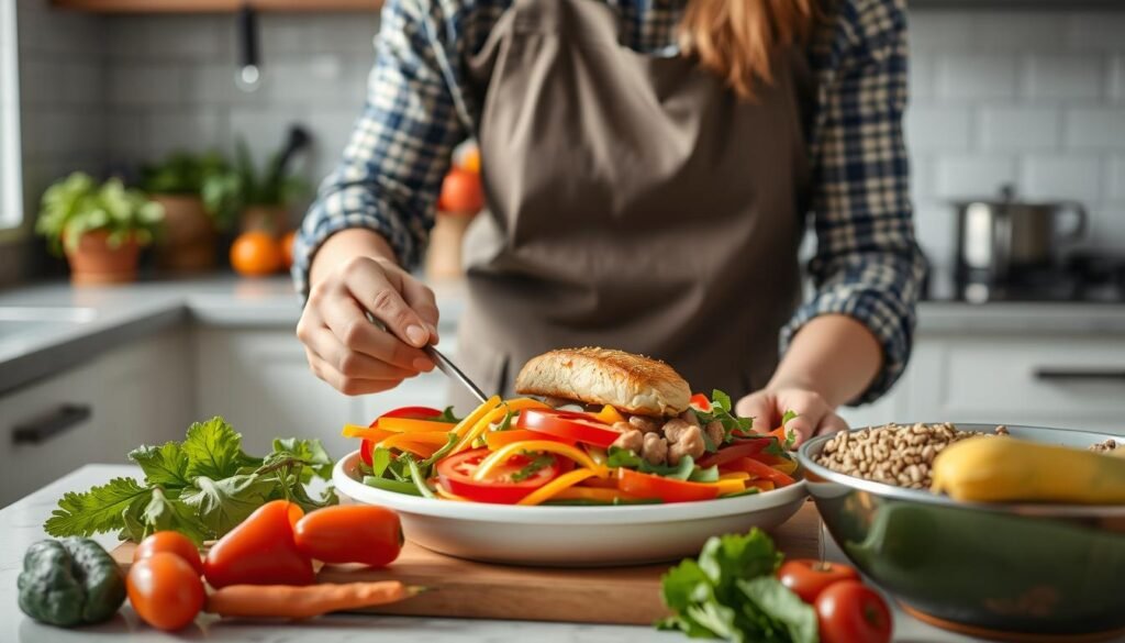 Person preparing healthy meal with fresh vegetables and lean protein