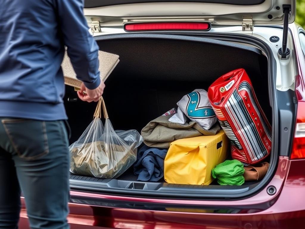 Person removing excess weight from car trunk to improve gas mileage
