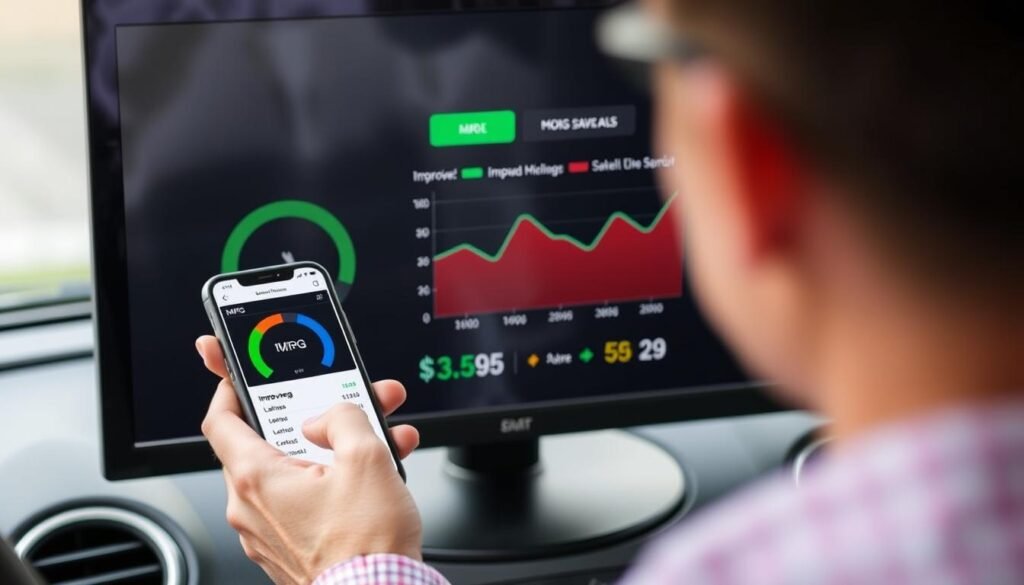 Person reviewing gas mileage tracking results showing improved fuel efficiency