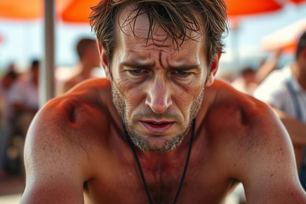 Person showing signs of heat exhaustion with excessive sweating and fatigue