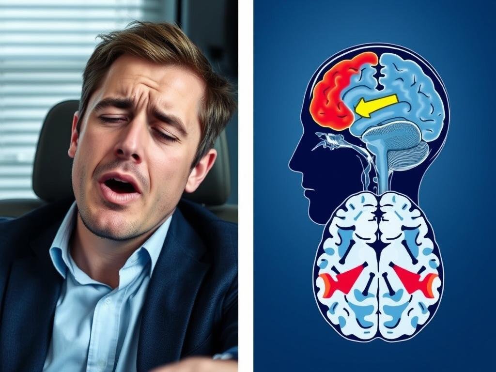 Person showing signs of sleep deprivation with split image showing cognitive effects