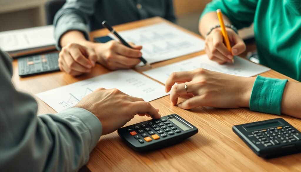 Person solving ratio problems with paper and calculator