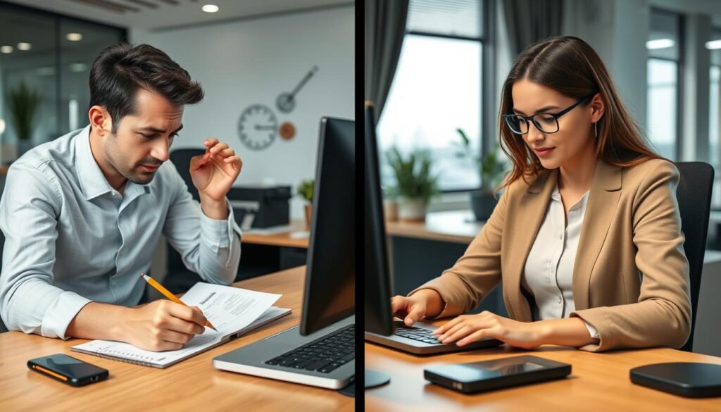 Person struggling with manual time calculations versus using a Time Calculator