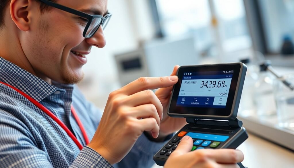 Person successfully completing a mass calculation with satisfied expression