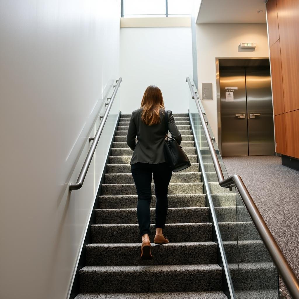 Person taking stairs instead of elevator