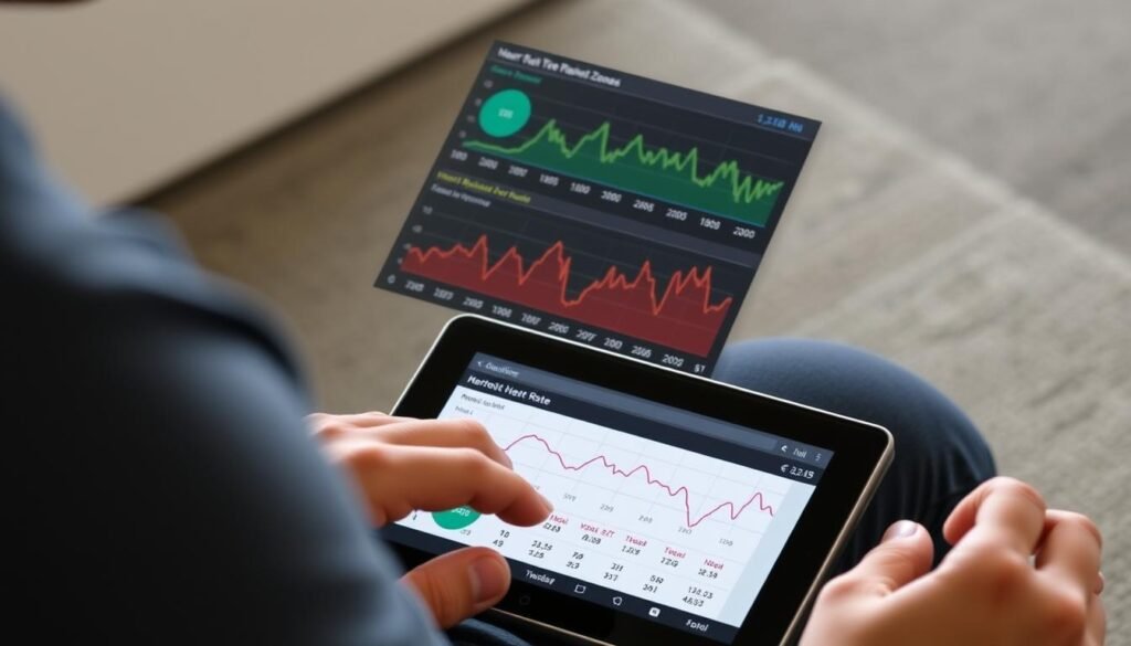Person tracking heart rate progress over time on digital device