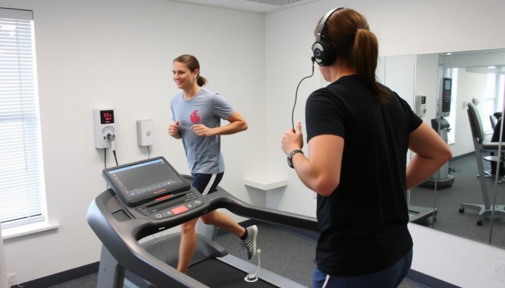 Person undergoing a maximum heart rate test on a treadmill with monitoring equipment