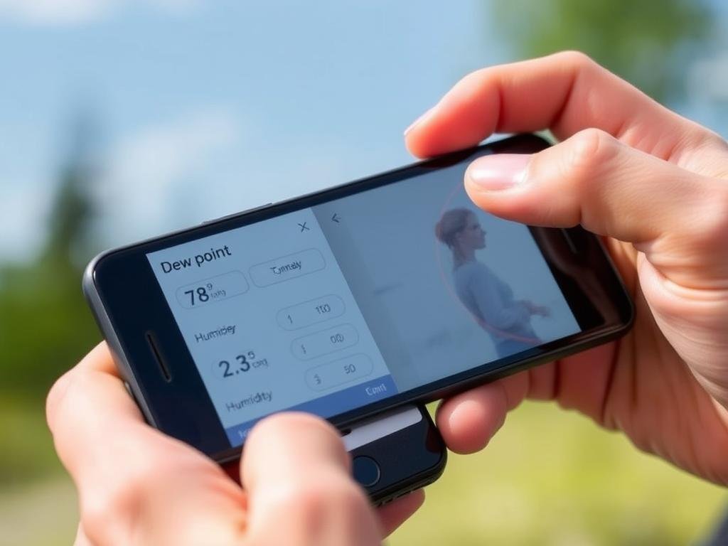 Person using Dew Point Calculator on mobile device outdoors