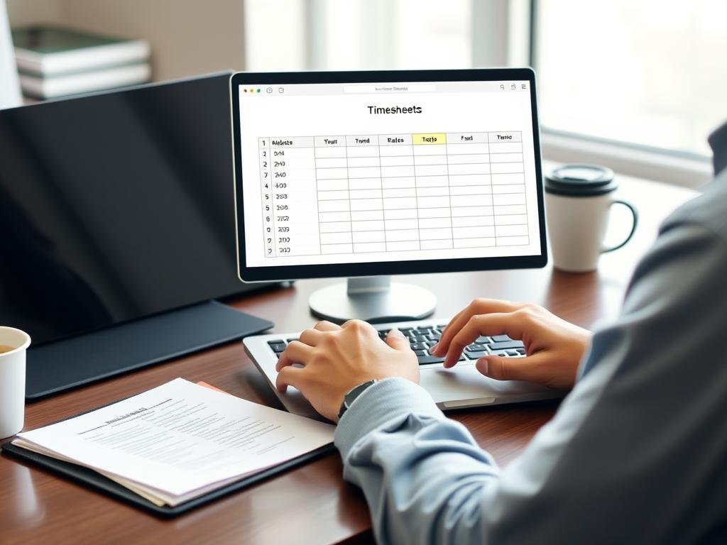 Person using Hours Calculator for tracking work hours on a timesheet