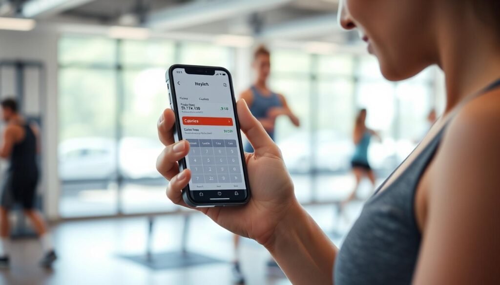 Person using a Calories Burned Calculator on smartphone while exercising