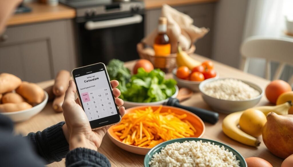 Person using a carbohydrate calculator on smartphone while planning meals