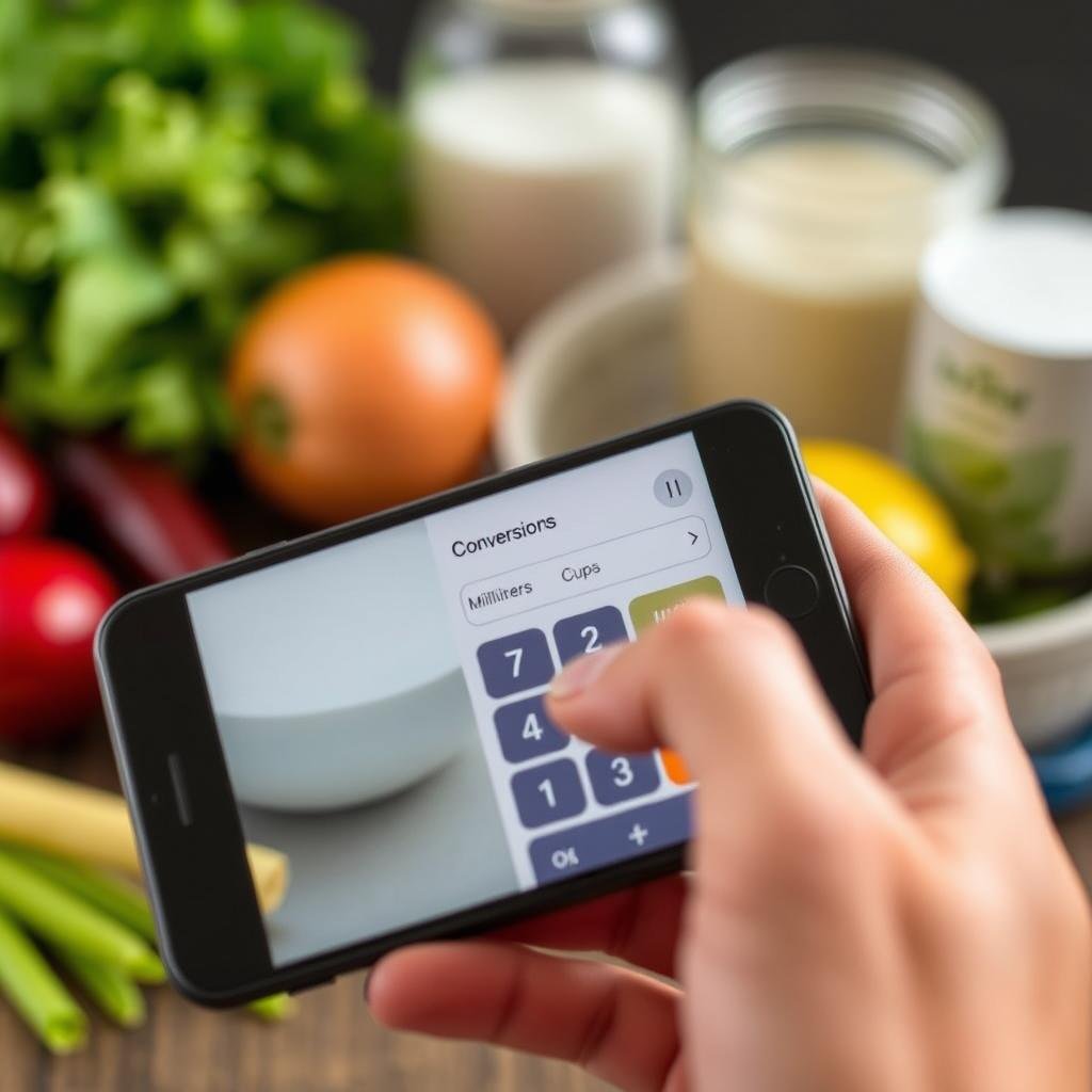 Person using a conversion calculator on a smartphone to convert recipe measurements