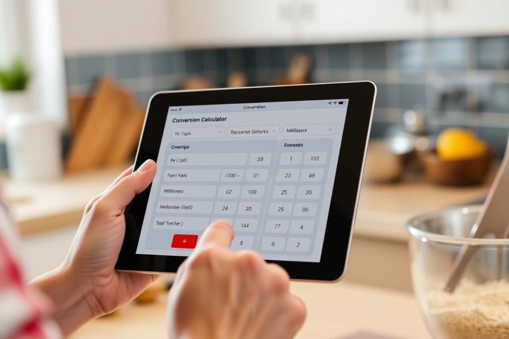 Person using a conversion calculator while cooking to convert recipe measurements