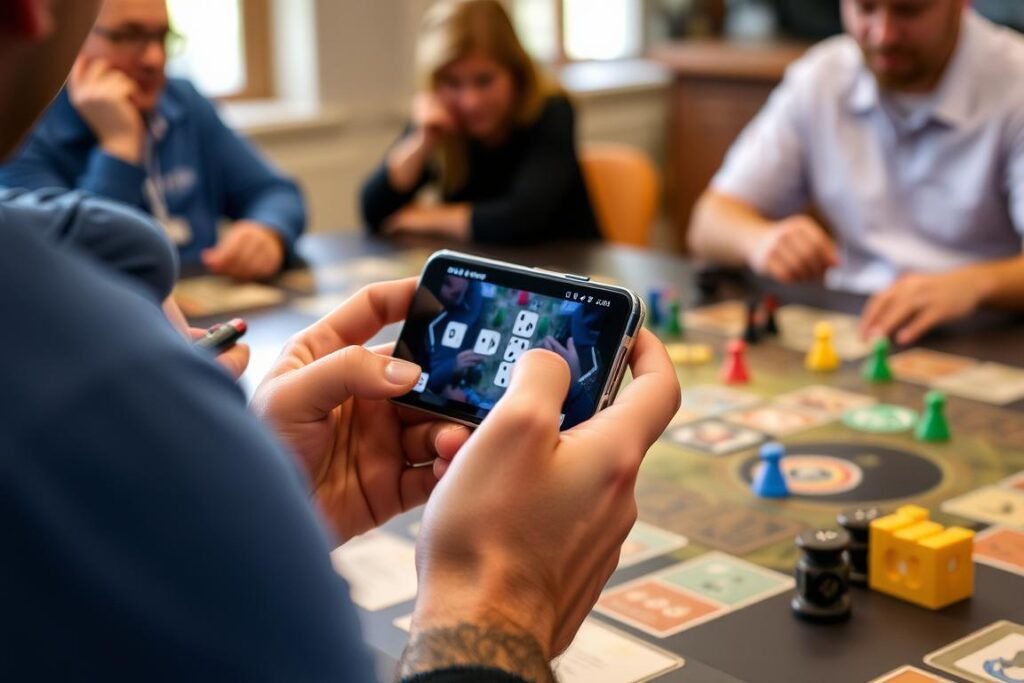 Person using a dice roller app on a smartphone during a tabletop gaming session