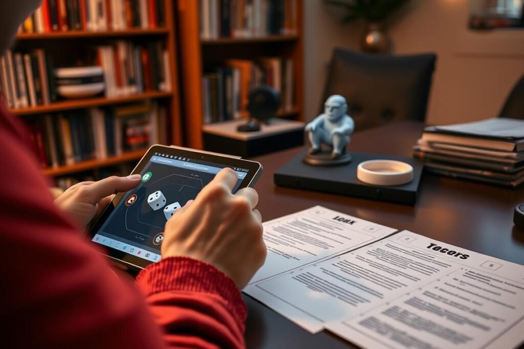 Person using a dice roller app on a tablet for a virtual tabletop gaming session