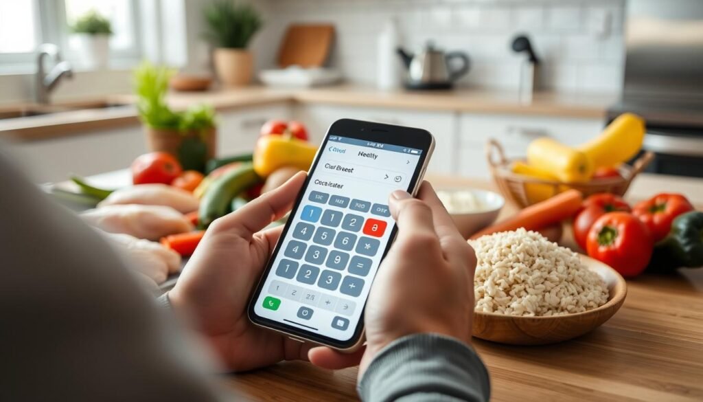 Person using a macro calculator app on smartphone while preparing healthy meal