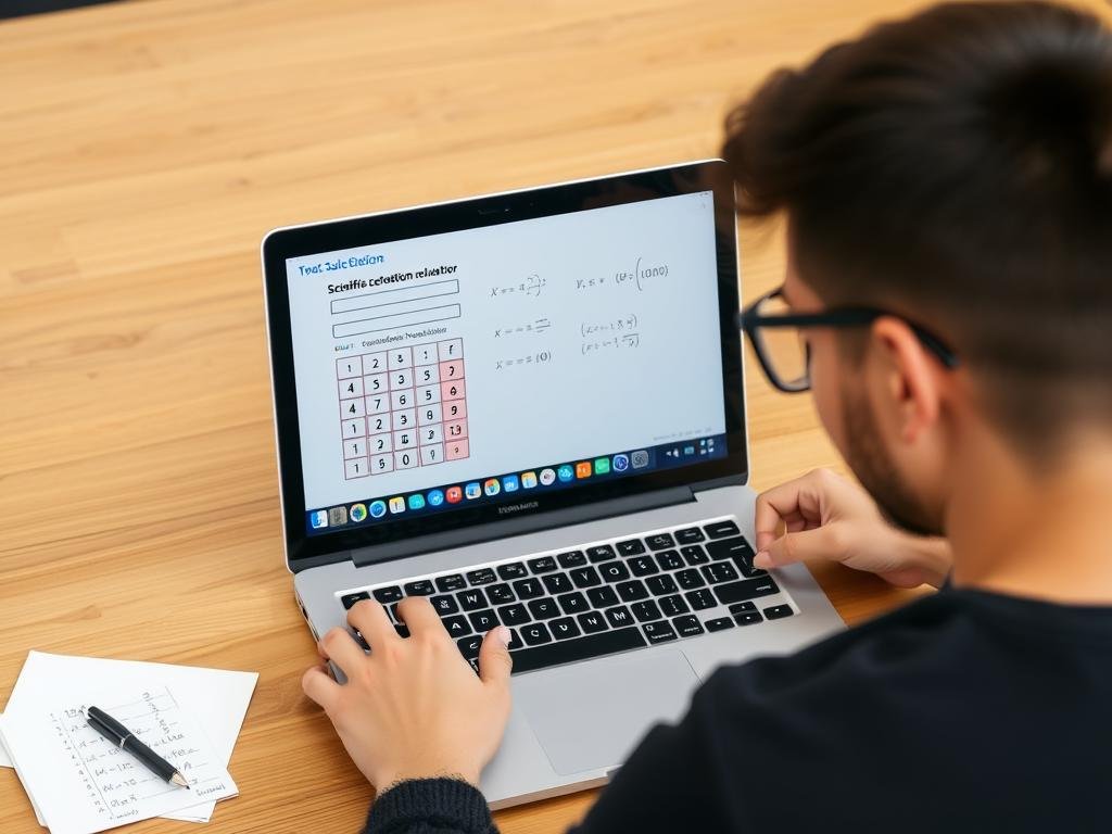 Person using a scientific notation calculator to solve complex problems