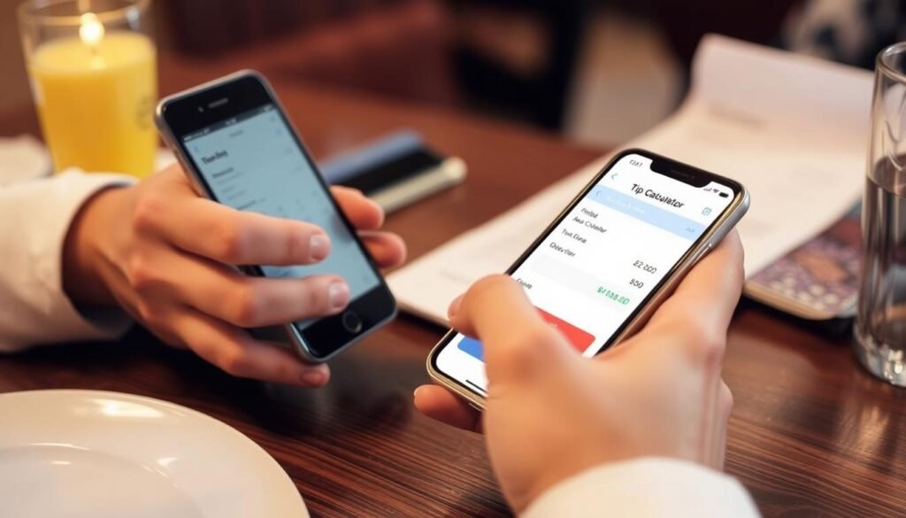 Person using a tip calculator app on smartphone