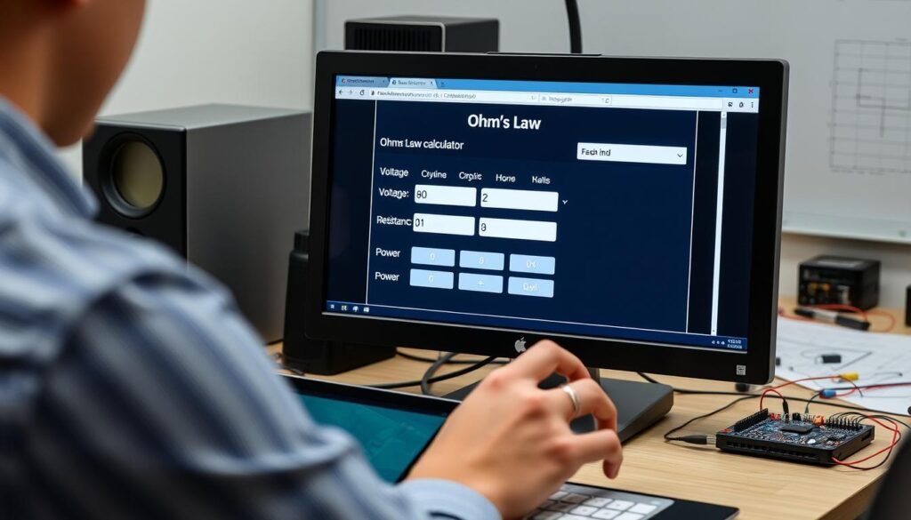 Person using an Ohms Law Calculator on a computer for electrical engineering calculations
