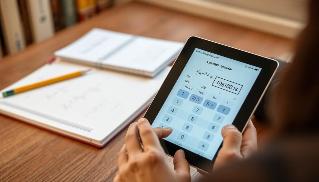 Person using an exponent calculator on a tablet for mathematical homework