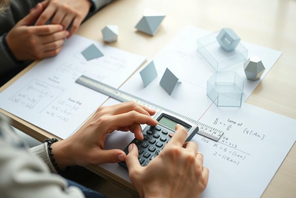 Person using calculator and measuring tools for surface area calculations