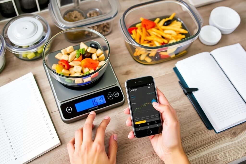 Person using digital kitchen scale and smartphone app to track food calories