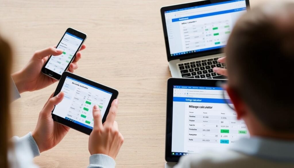 Person using online mileage calculator on multiple devices